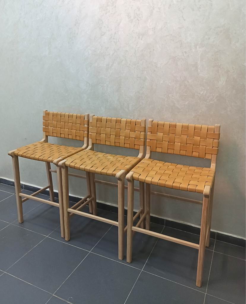 Teak Counter Stool Beige Woven Leather Straps Side View - LuxoraCraft