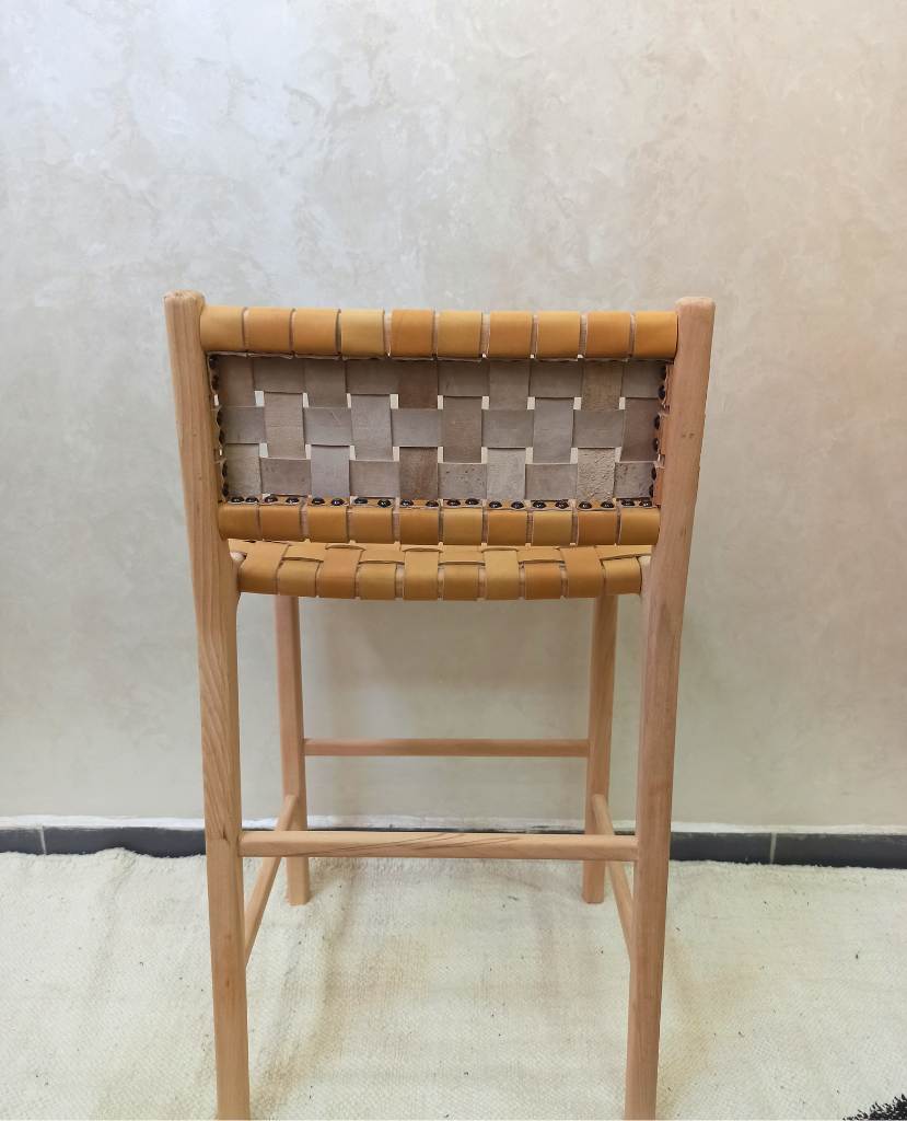 Teak Wood Counter Stool Beige Woven Leather Straps Detail - LuxoraCraft