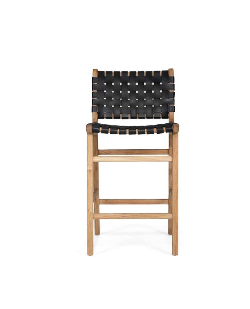 Black Leather Strap Counter Stool Front View Moroccan - LuxoraCraft