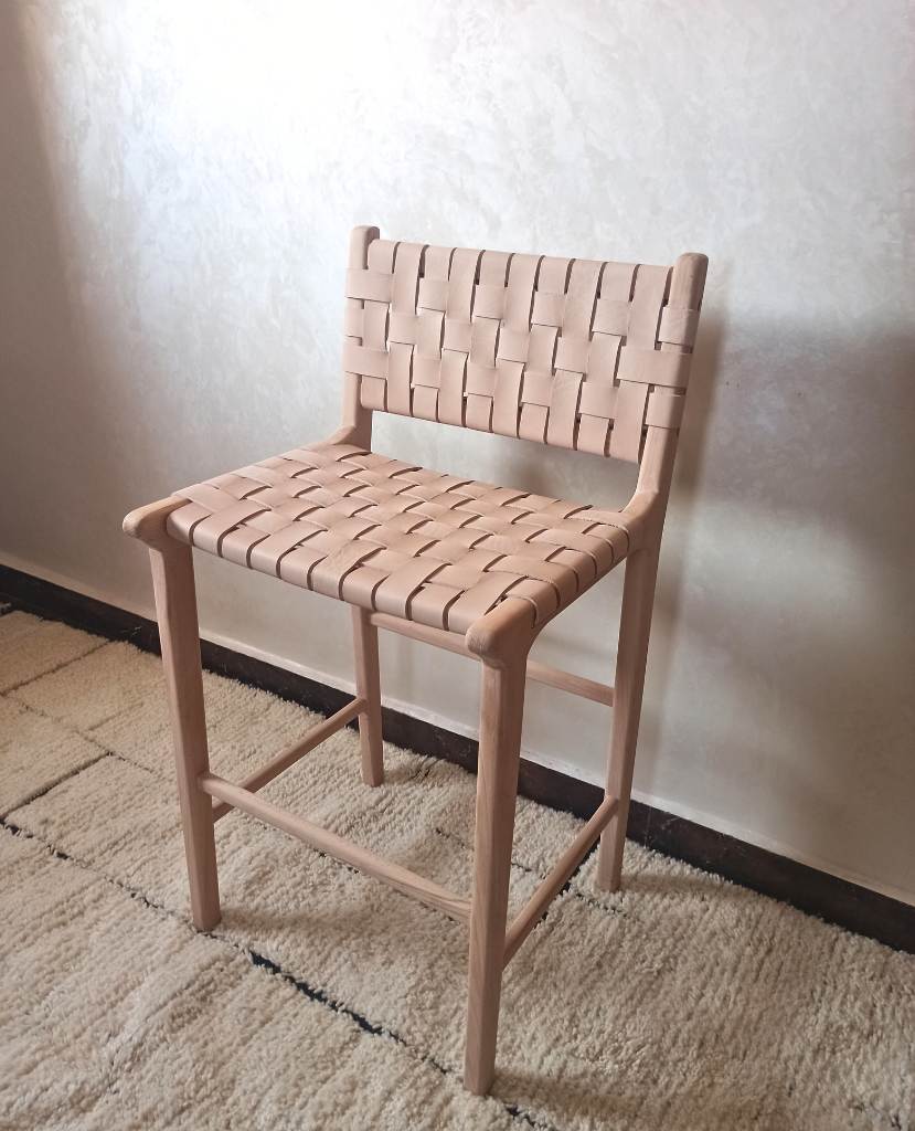 Natural Teak Counter Stool Leather Seat Side View Artisan - LuxoraCraft