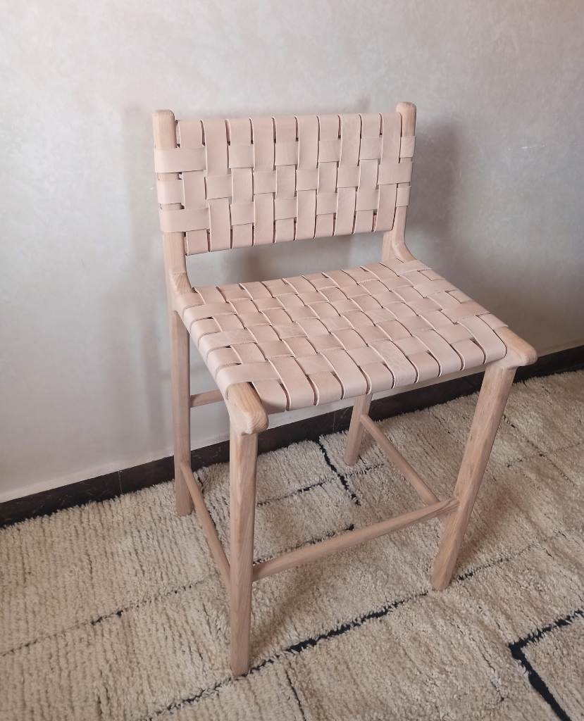 Teak Wood Counter Stool Natural Leather Seat Front View - LuxoraCraft