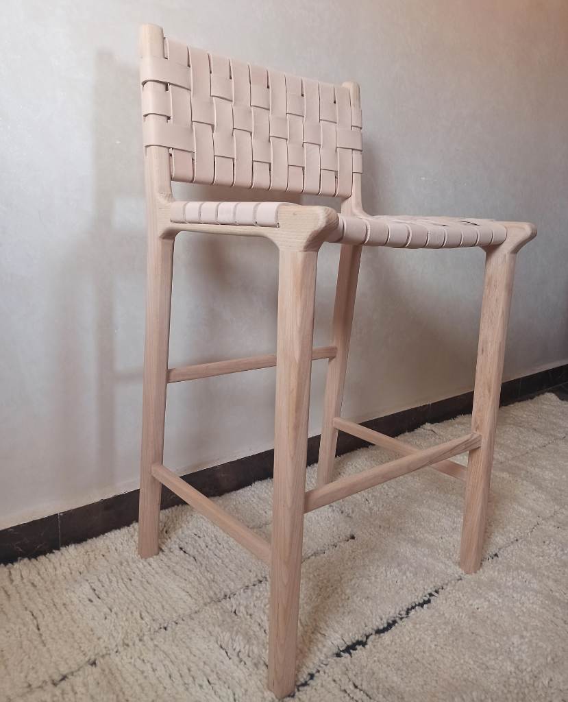 Natural Teak Wood Counter Stool Leather Seat Detail - LuxoraCraft