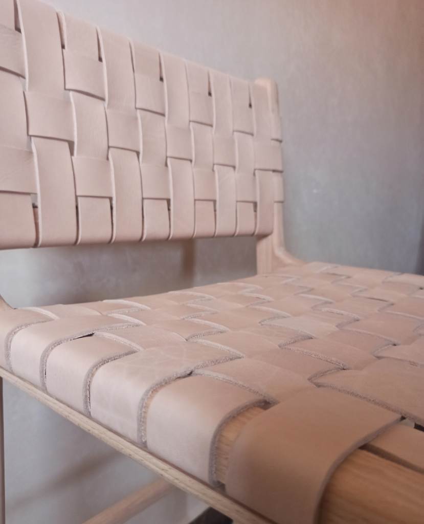 Natural Teak Counter Stool Genuine Leather Seat Morocco - LuxoraCraft