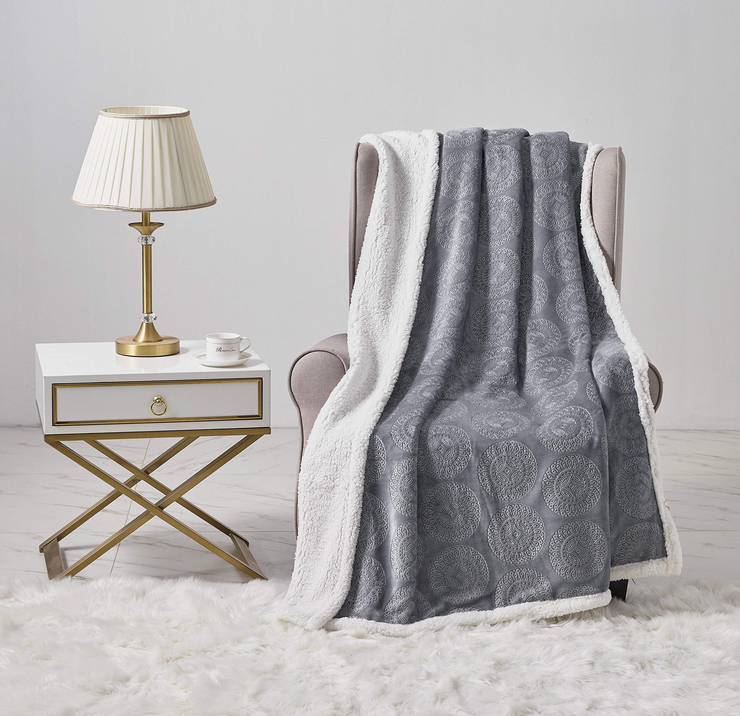Decor&More Bon Iver Collection Extra Soft Mandala Embossed Microplush Throw Blanket with Sherpa Backing (50" x 60") Faith-Hope-Love-Home-Decor