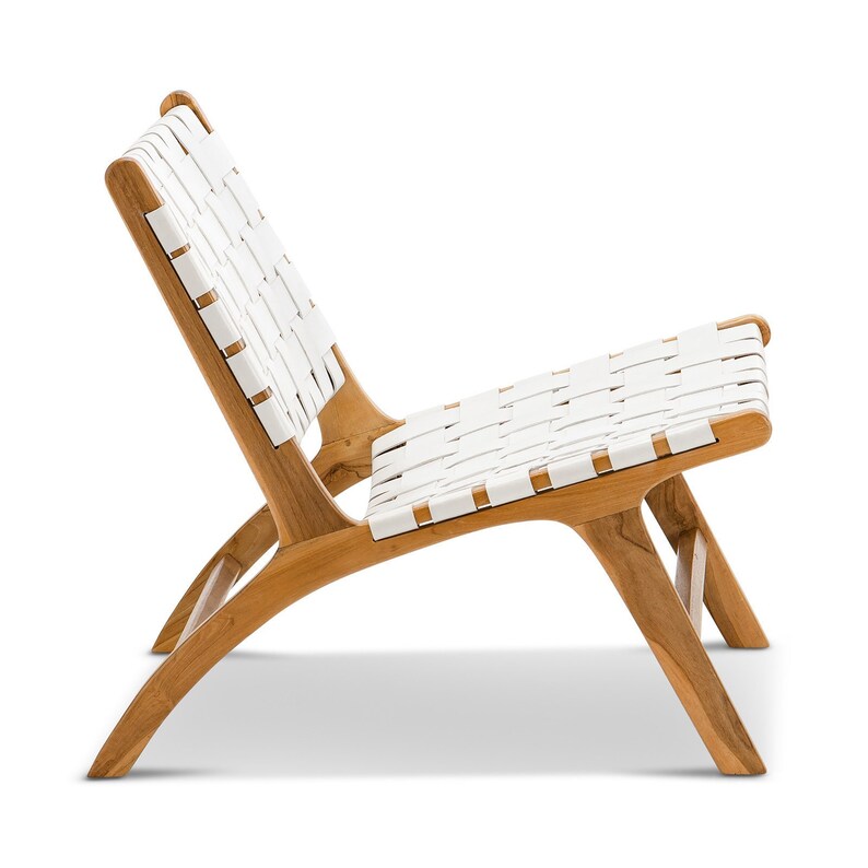 White Woven Leather Chair Side View Teak Wood Moroccan - LuxoraCraft