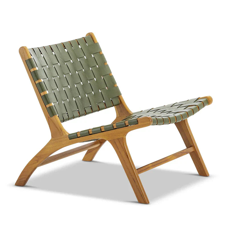 Olive Green Woven Leather Chair Detail Artisan Made - LuxoraCraft