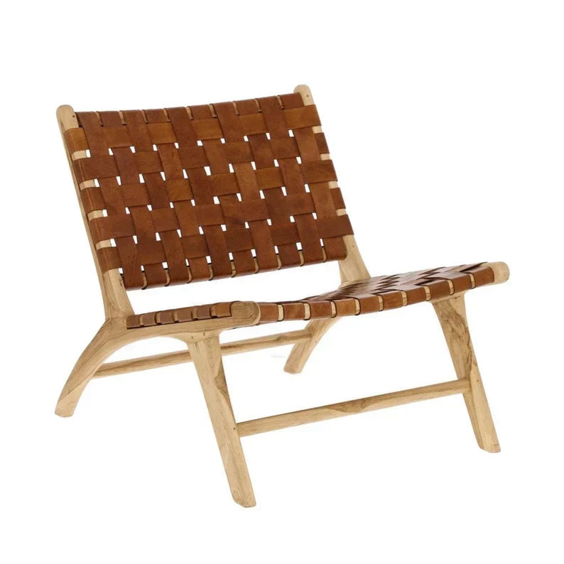 Brown Woven Leather Chair Side View Teak Wood Moroccan - LuxoraCraft