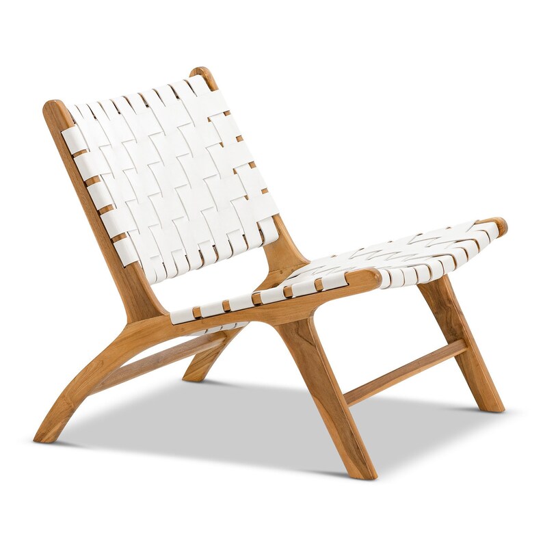 White Woven Leather Lounge Chair Teak Wood - LuxoraCraft