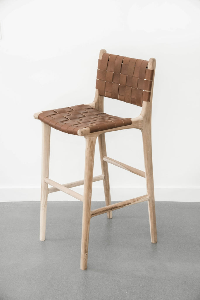 Teak Counter Stool Dark Brown Leather Strap Side View - LuxoraCraft