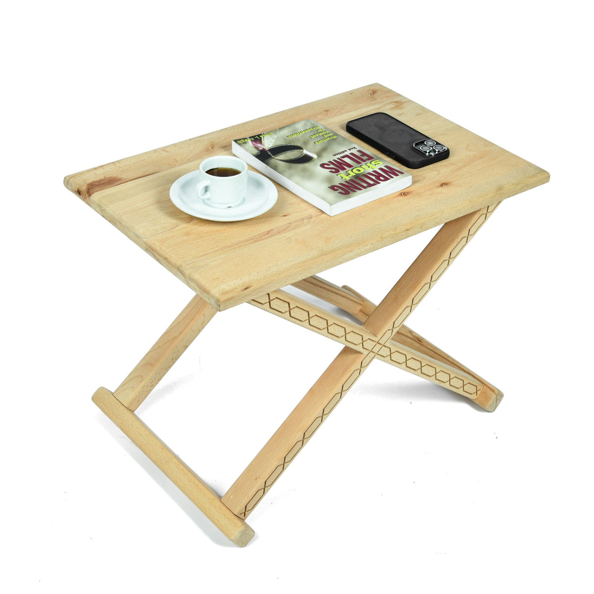 Natural Wood Leather X Stool Front View Artisan Moroccan - LuxoraCraft