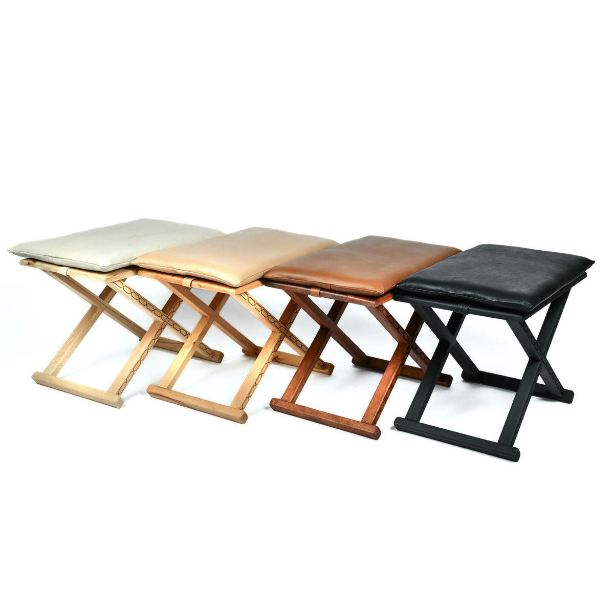 Mid-Century Modern Wood Leather X Stool and Coffee Table Side View - LuxoraCraft