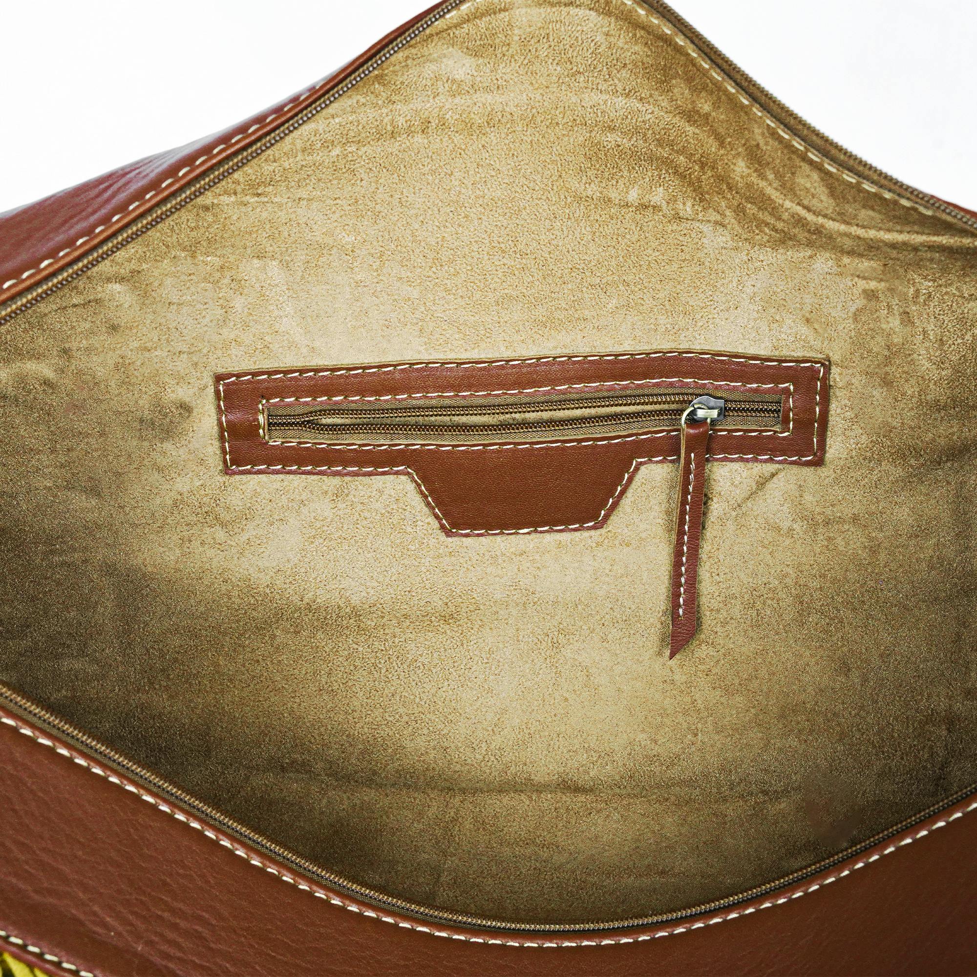 Kilim Leather Duffel Bag Side View Morocco Authentic Craft - LuxoraCraft