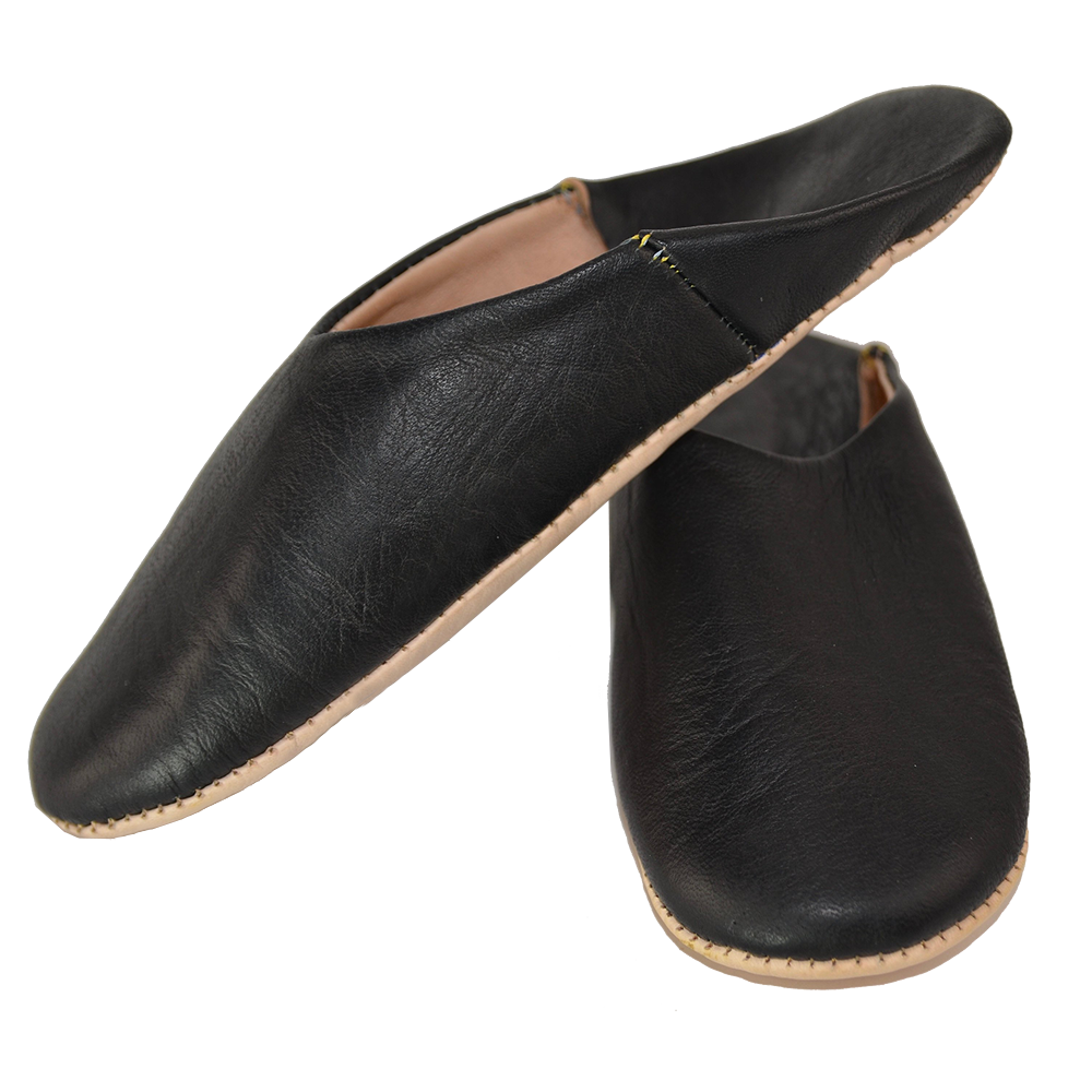 Black Leather Babouche Slipper Authentic Moroccan Style - LuxoraCraft