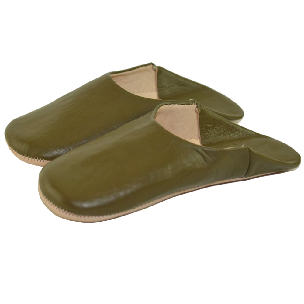 Dark Green Leather Babouche Slipper Authentic Moroccan Style - LuxoraCraft