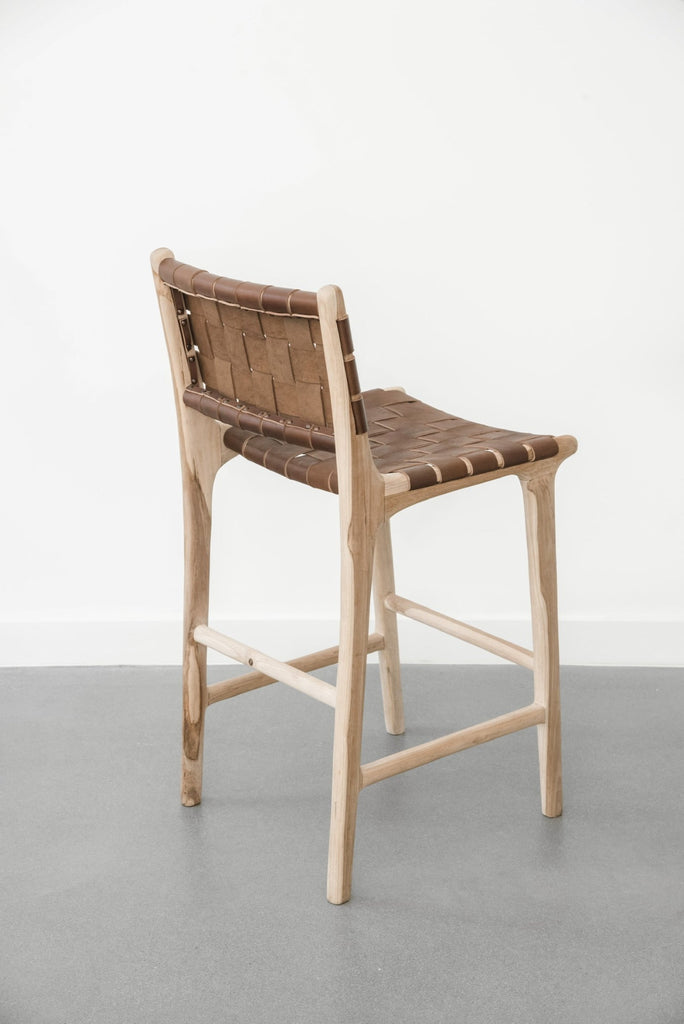 Natural Teak Counter Stool Dark Brown Leather Front View - LuxoraCraft