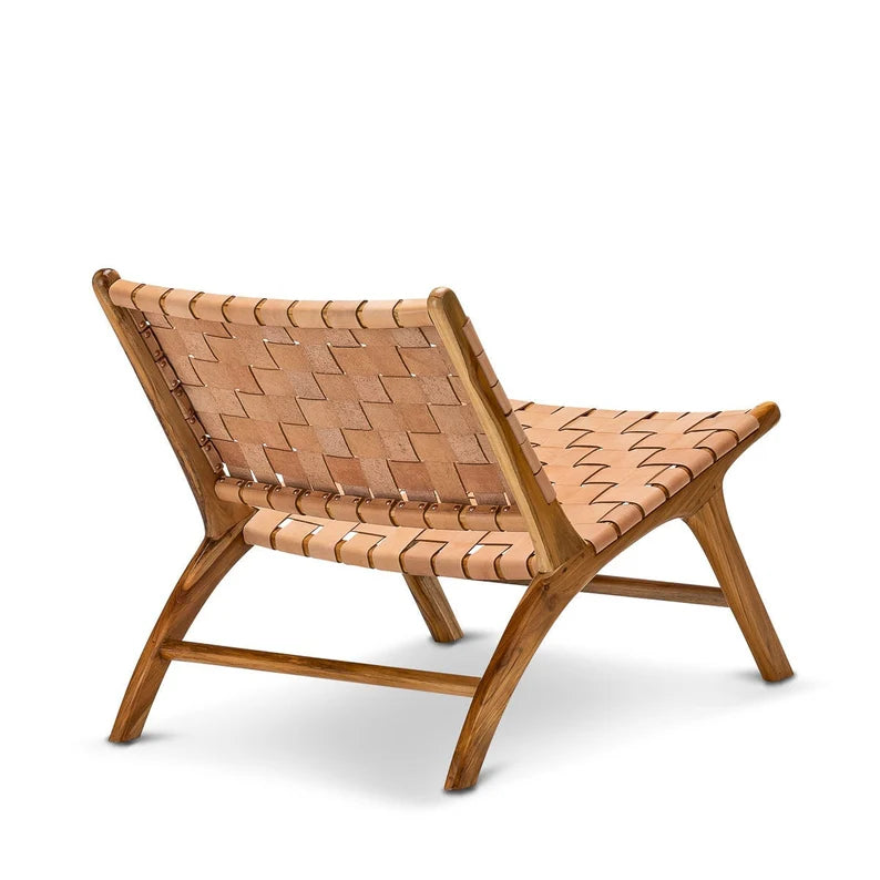 Tan Woven Leather Chair Detail Natural Teak Wood - LuxoraCraft