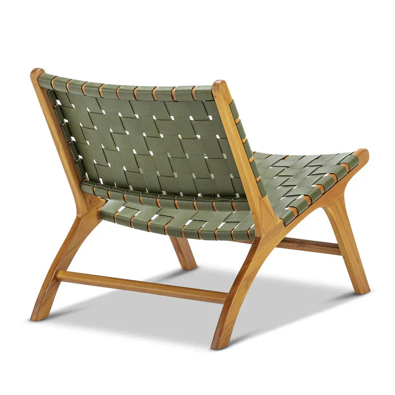 Olive Green Woven Leather Chair Side View Teak Wood - LuxoraCraft
