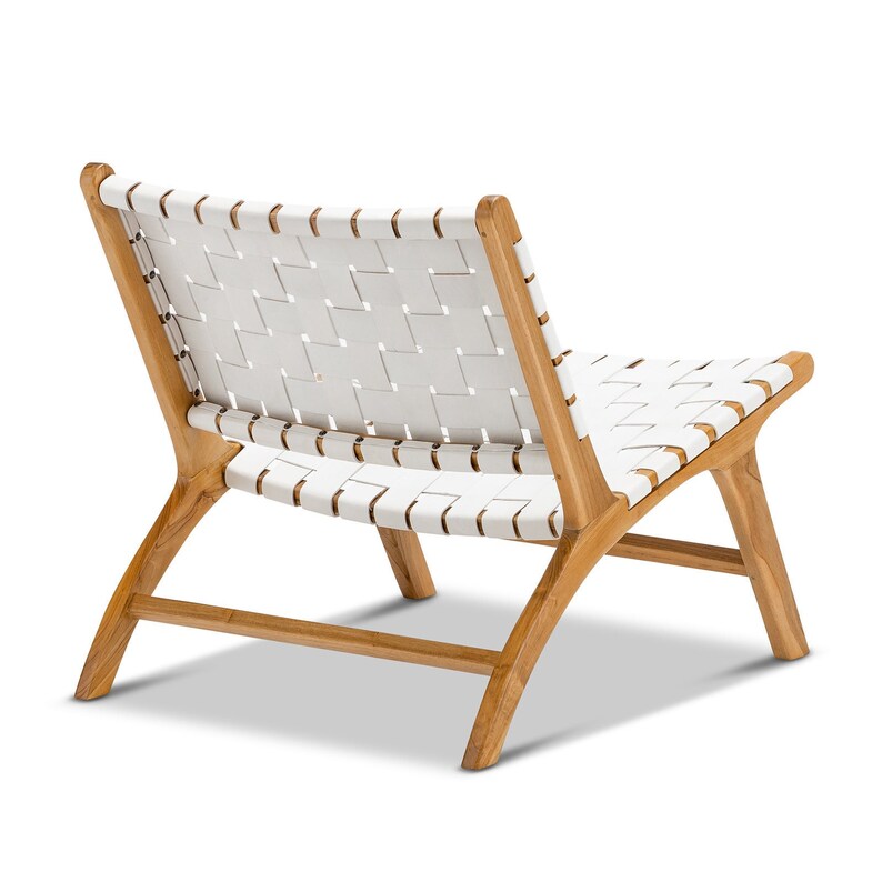 White Woven Leather Chair Detail Natural Teak Wood Design - LuxoraCraft