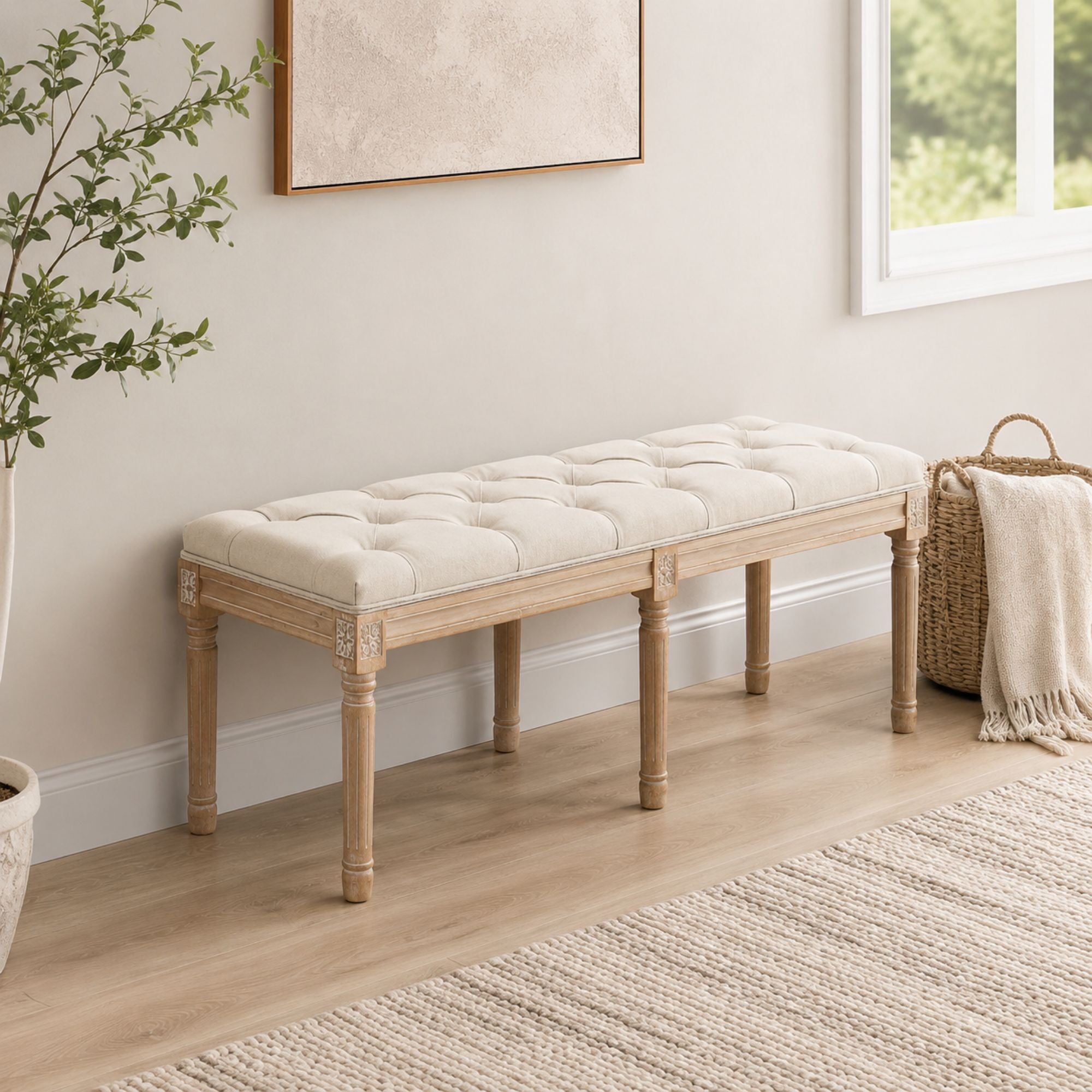 46-Inch Thick Tufted Bedroom Bench – French Linen Upholstered Entryway & End of Bed Ottoman, Cream White