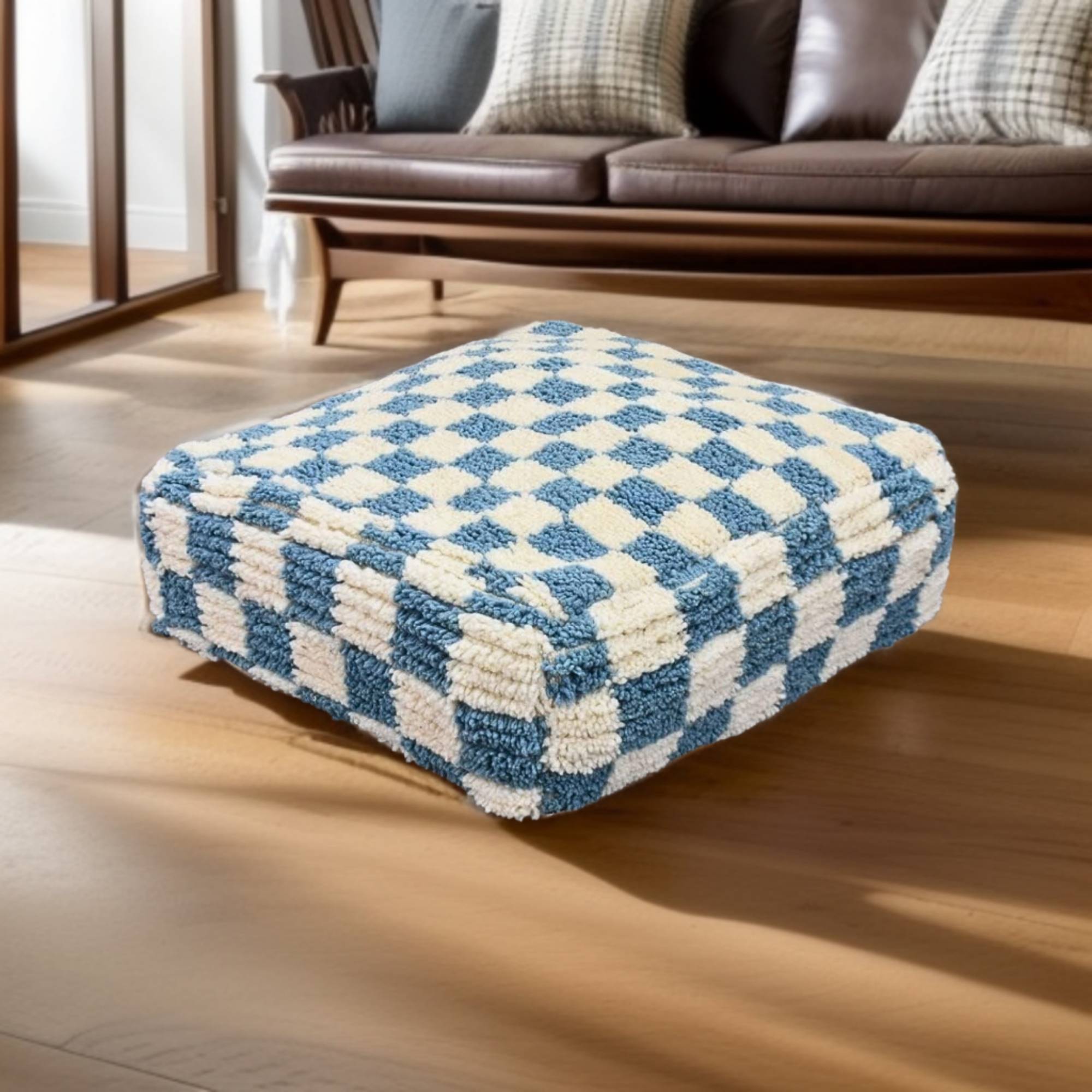 Checkered Wool Square Ottoman Pouf