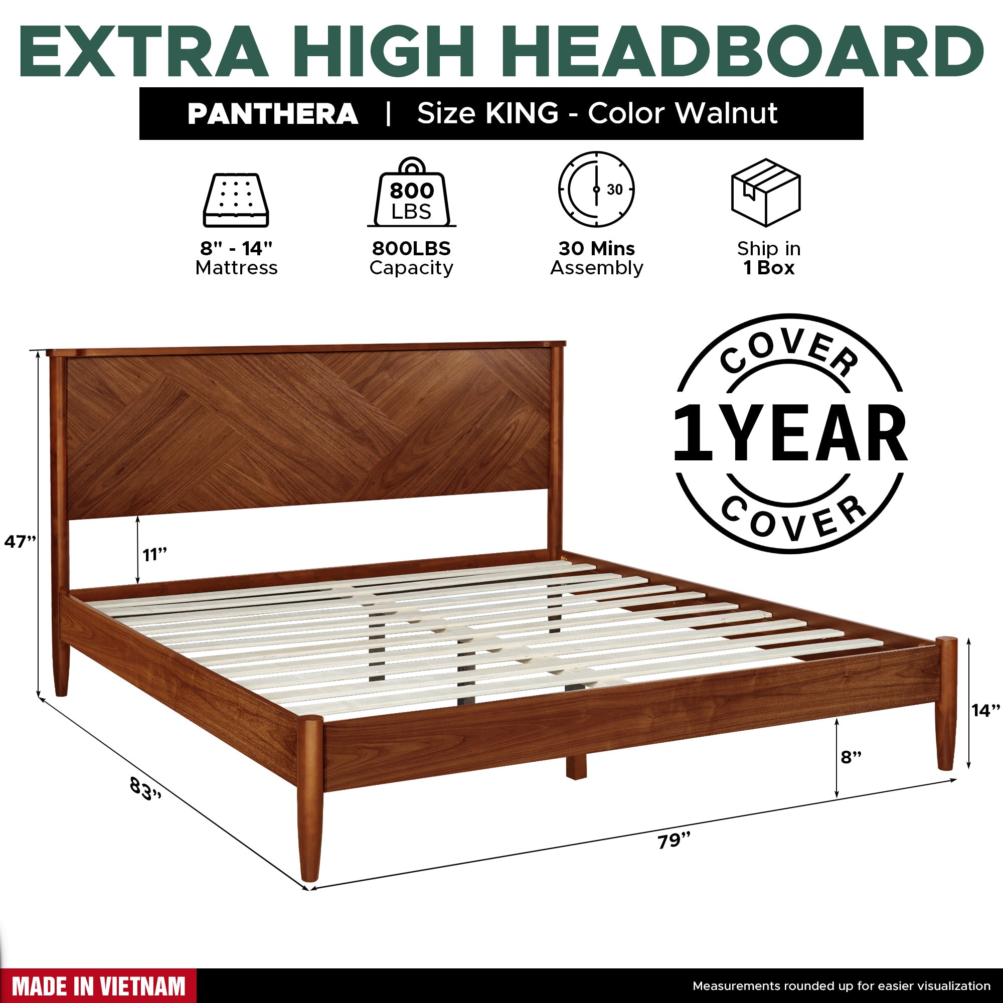 Panthera Solid Wood Bed Frame With Headboard Megsu