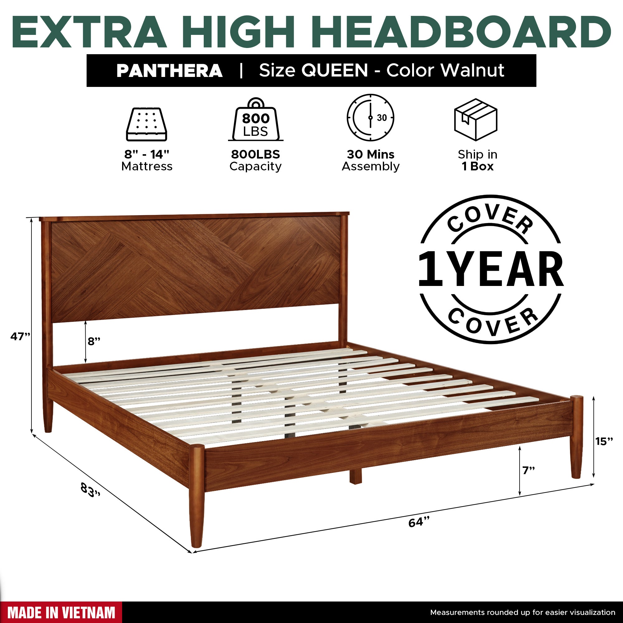 Panthera Solid Wood Bed Frame With Headboard Megsu