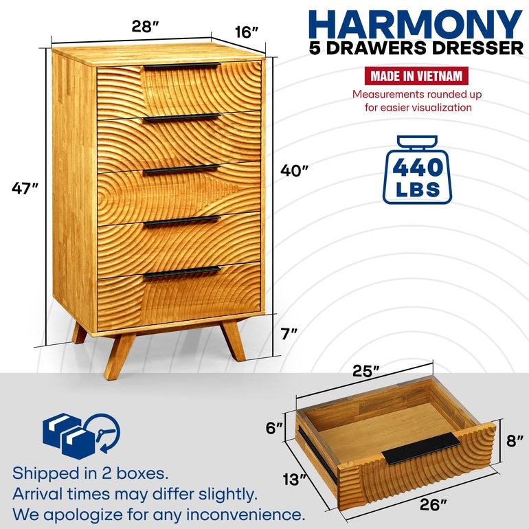 Harmony Solid Wood Dresser with 5 Drawers Megsu