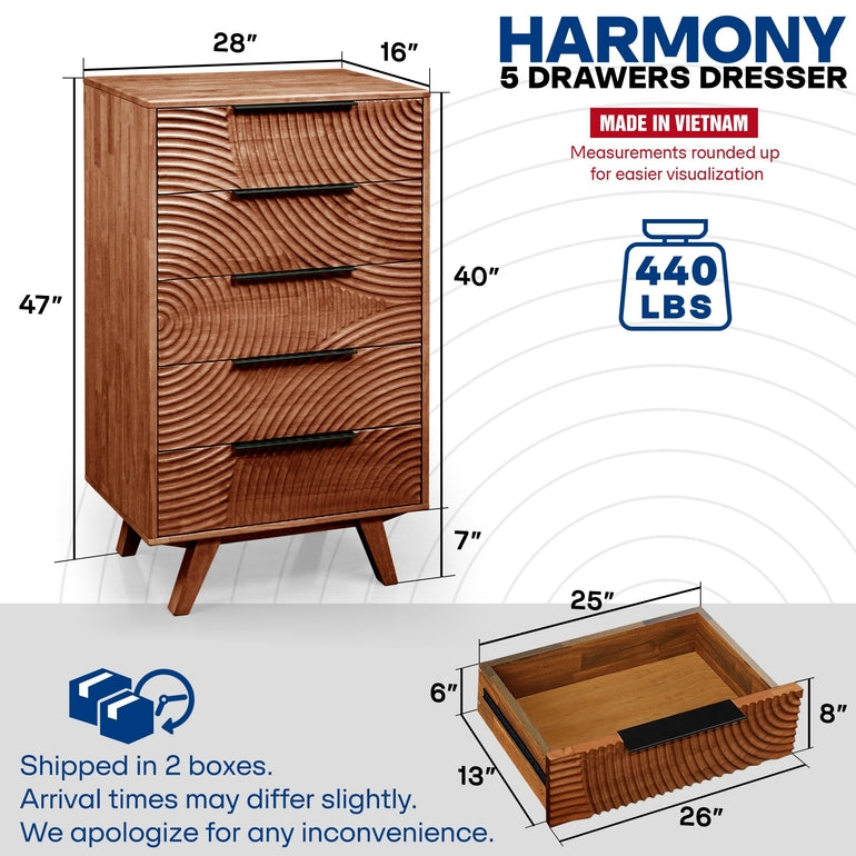 Harmony Solid Wood Dresser with 5 Drawers Megsu