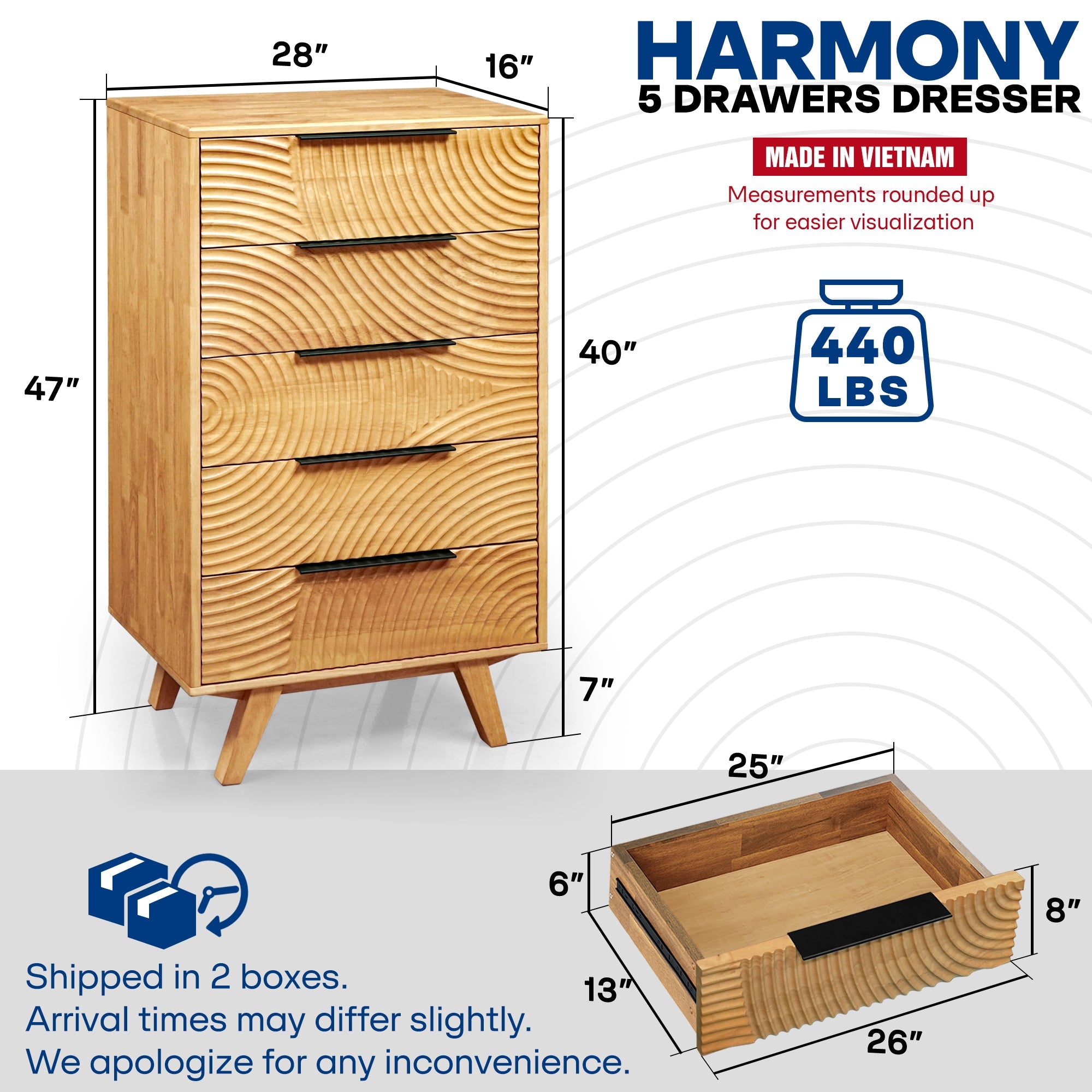Harmony Solid Wood Dresser with 5 Drawers Megsu