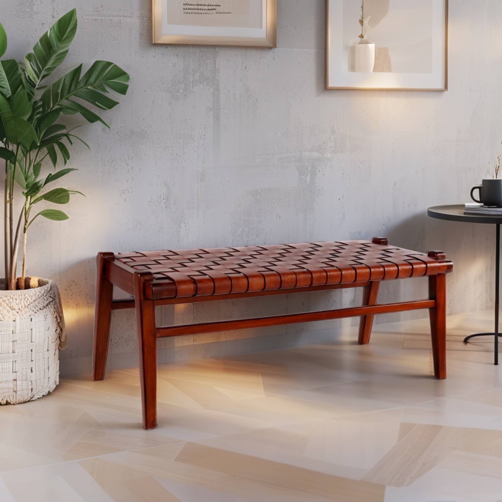 Woven Leather Bench – Saddle Leather Seat