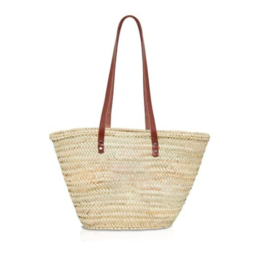 French Palm Leaf Basket Leather Handles Side View Beach - LuxoraCraft