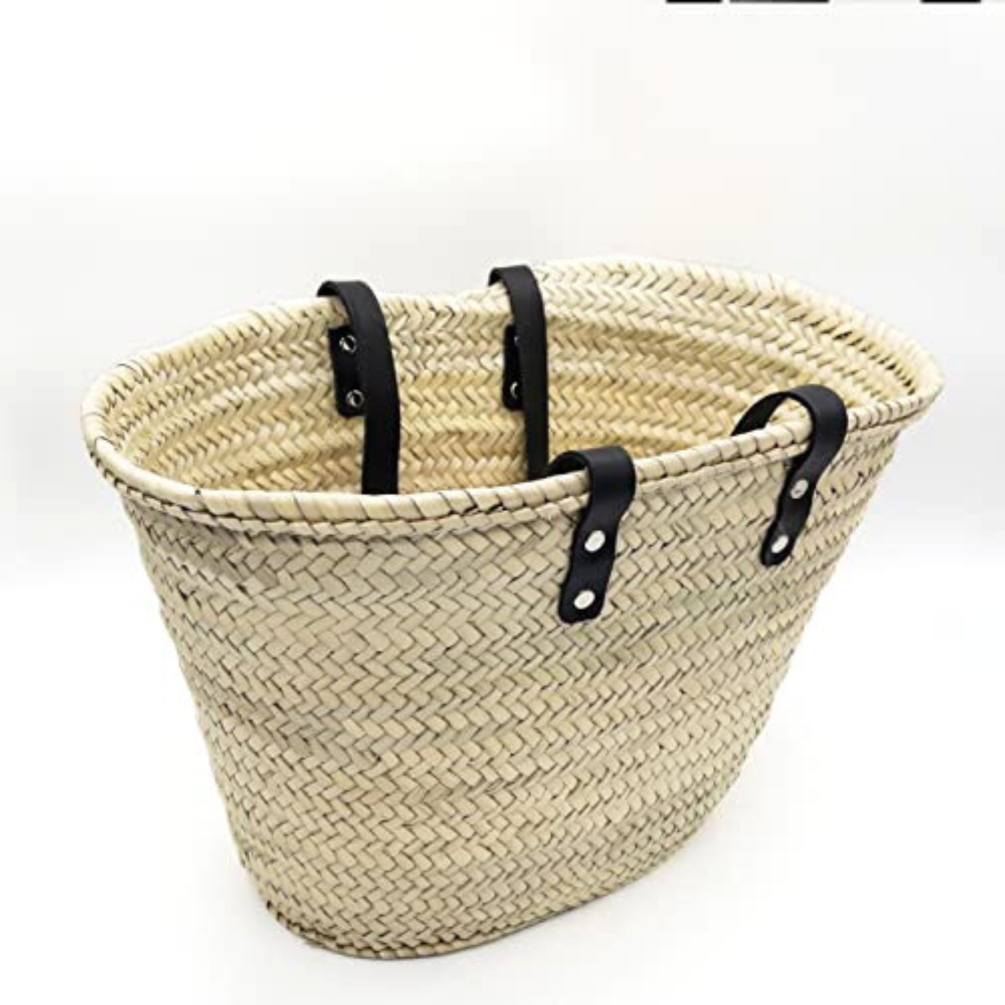Handwoven Palm Leaf Beach Basket Front View Leather Handles - LuxoraCraft