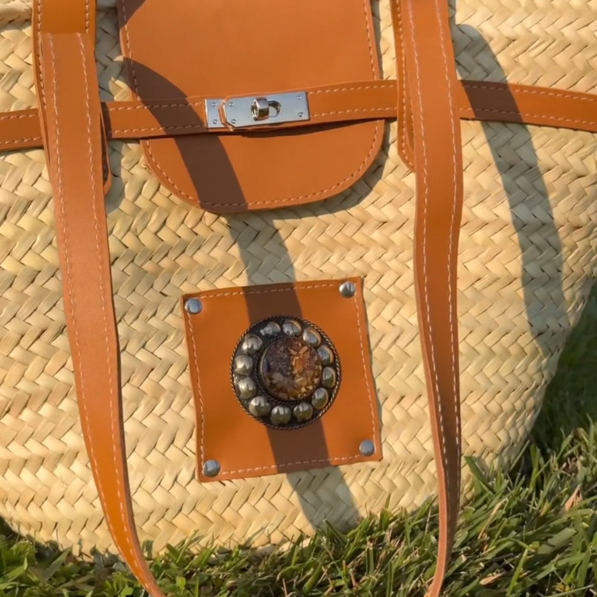 French Straw Basket Leather Straps Side View Moroccan - LuxoraCraft