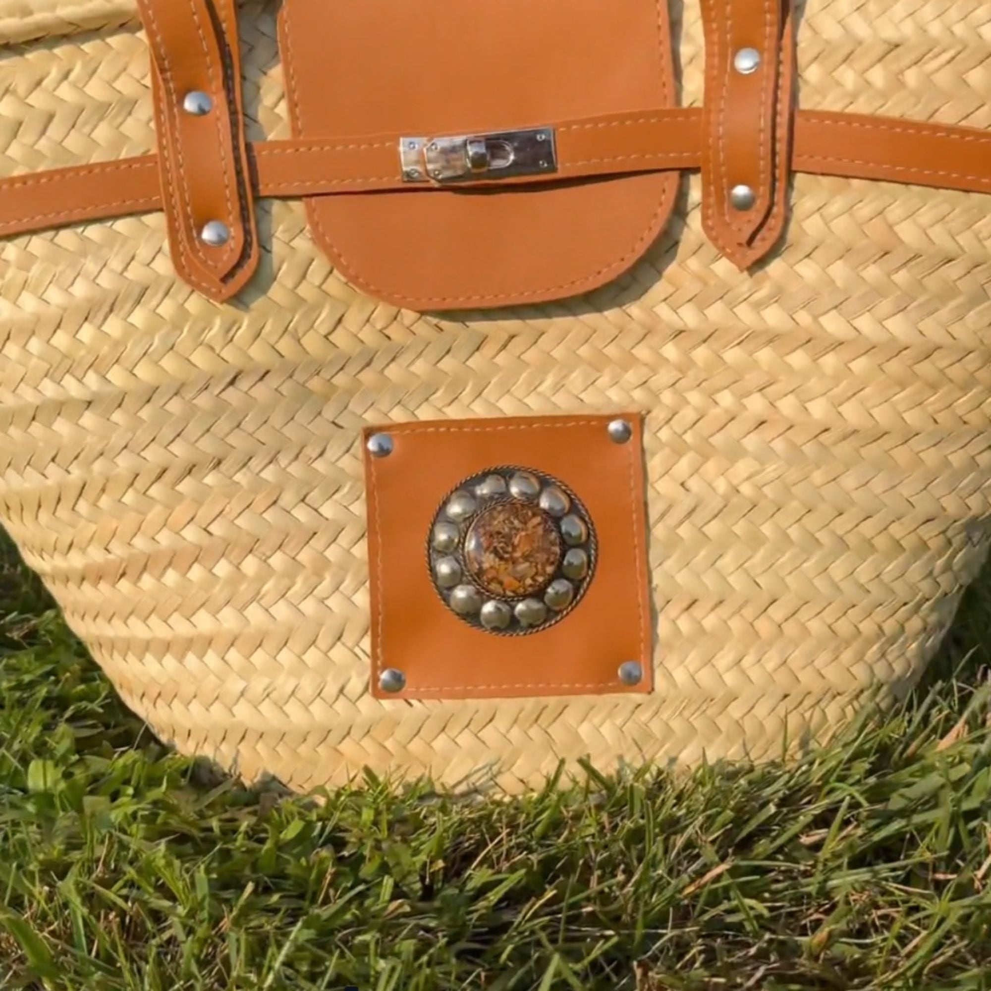 Handmade French Straw Basket Front View Leather Straps - LuxoraCraft