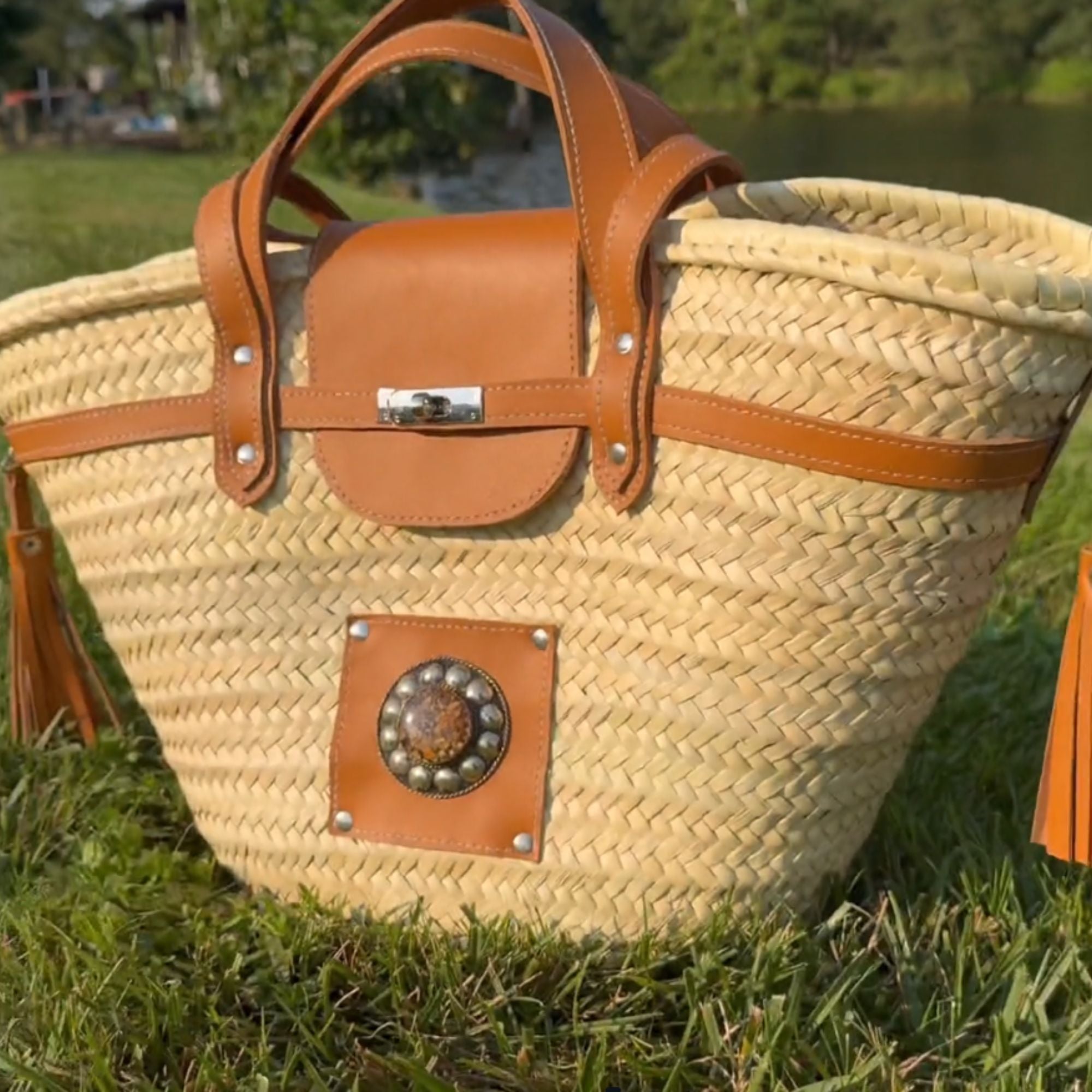 Large French Straw Basket Leather Straps Detail Natural - LuxoraCraft