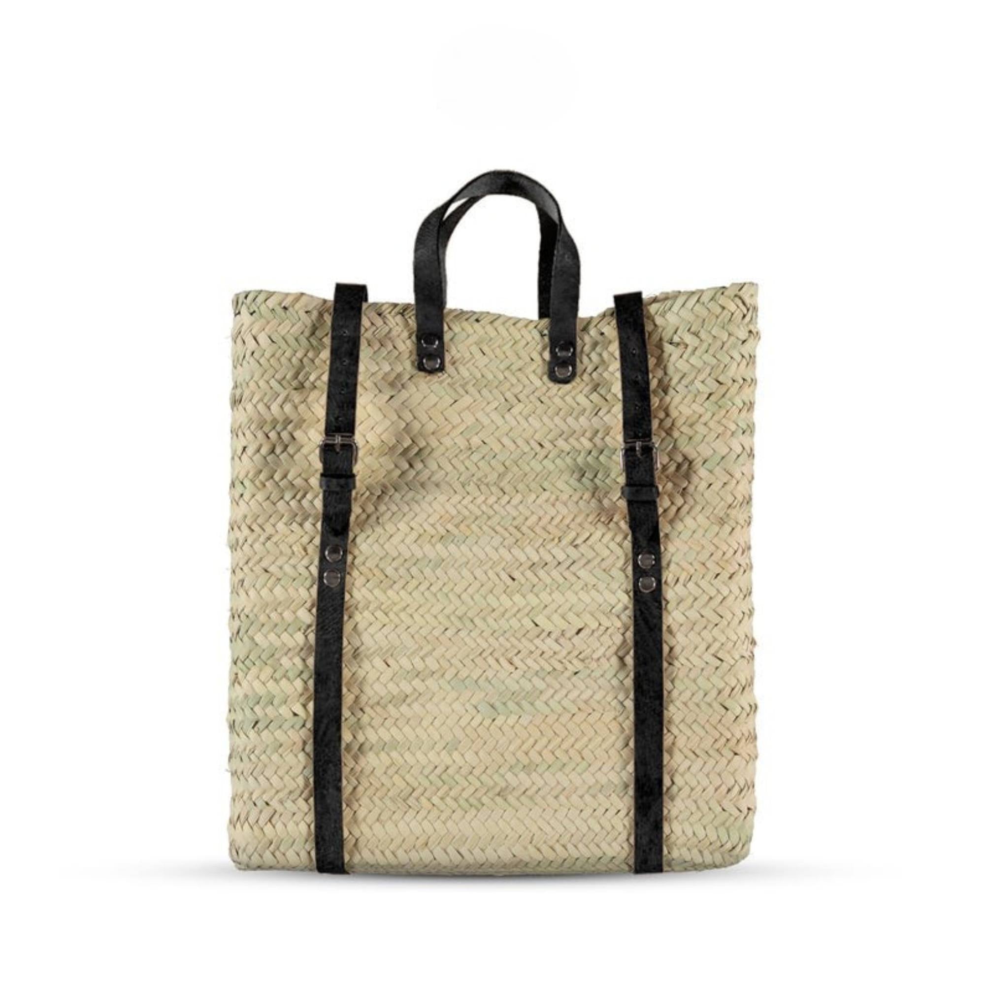 Beach Backpack Woven Palm Leaves Black Leather Trim - LuxoraCraft