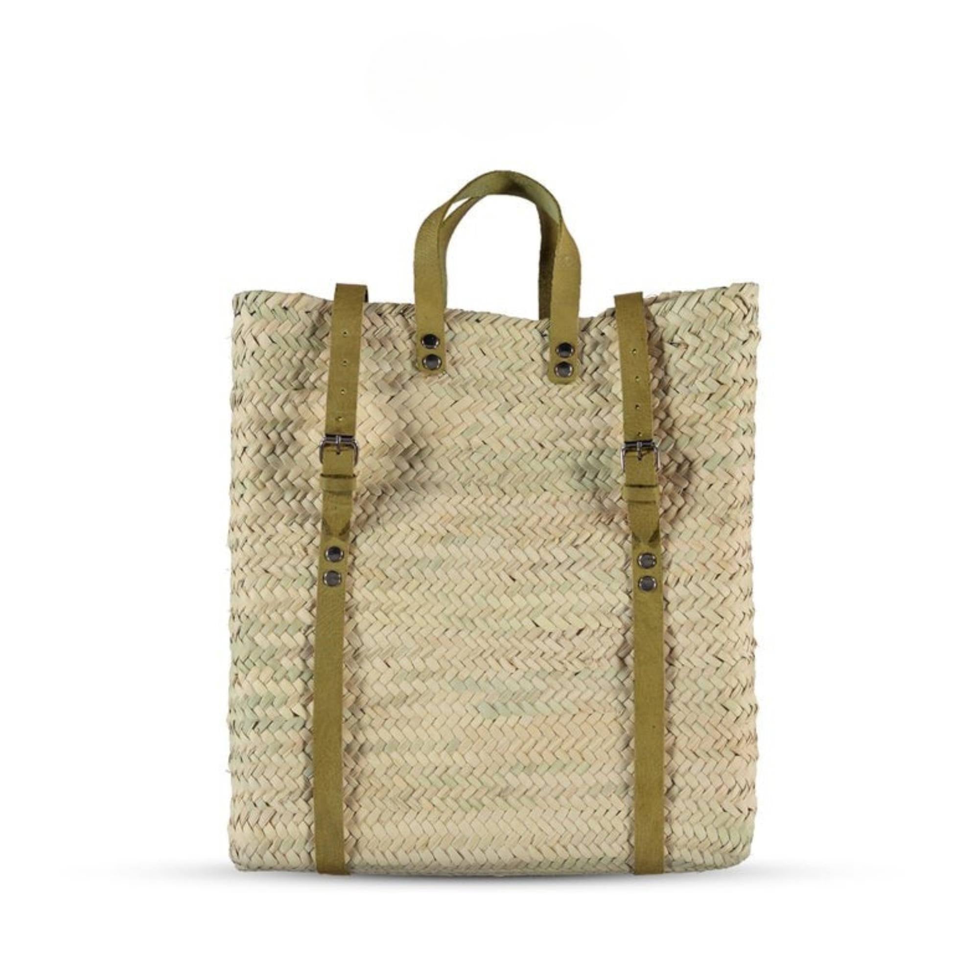 Beach Backpack Woven Palm Leaves Light Green Leather - LuxoraCraft