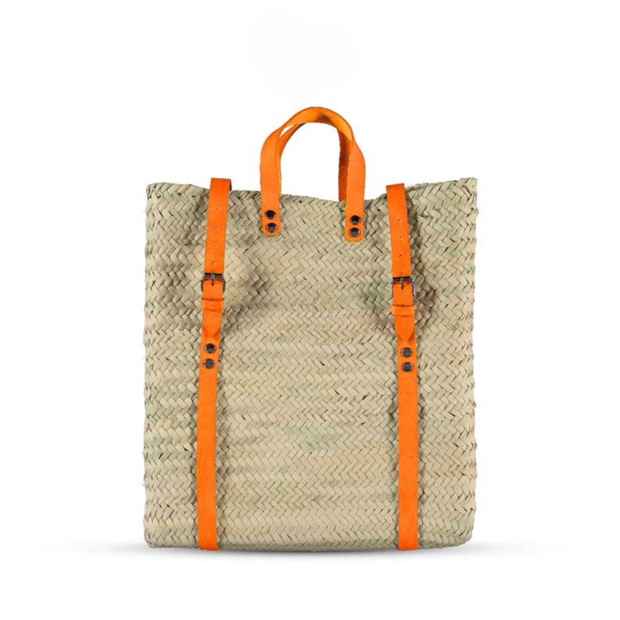 Beach Backpack Woven Palm Leaves Orange Leather Trim - LuxoraCraft