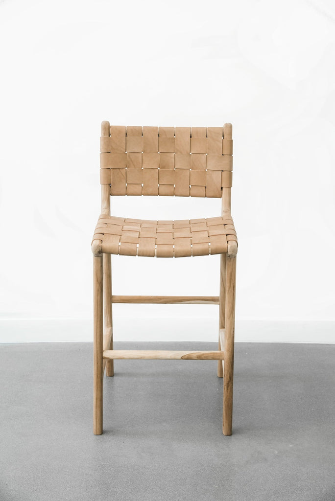 Tan Leather Counter Stool Detail Natural Teak Wood Artisan - LuxoraCraft