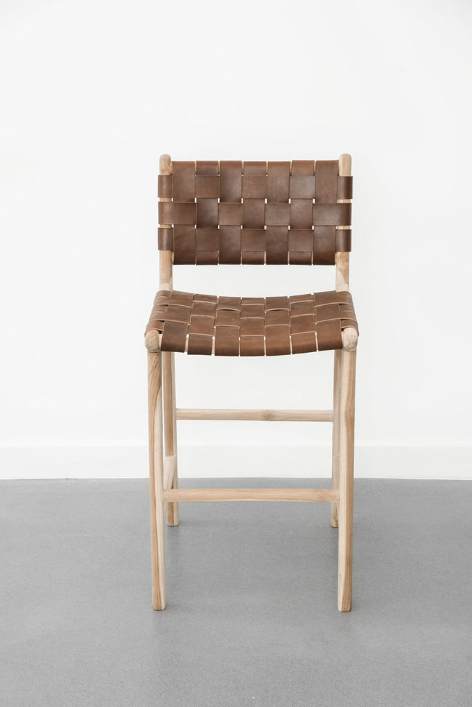 Teak Wood Counter Stool Dark Brown Leather Strap Detail - LuxoraCraft