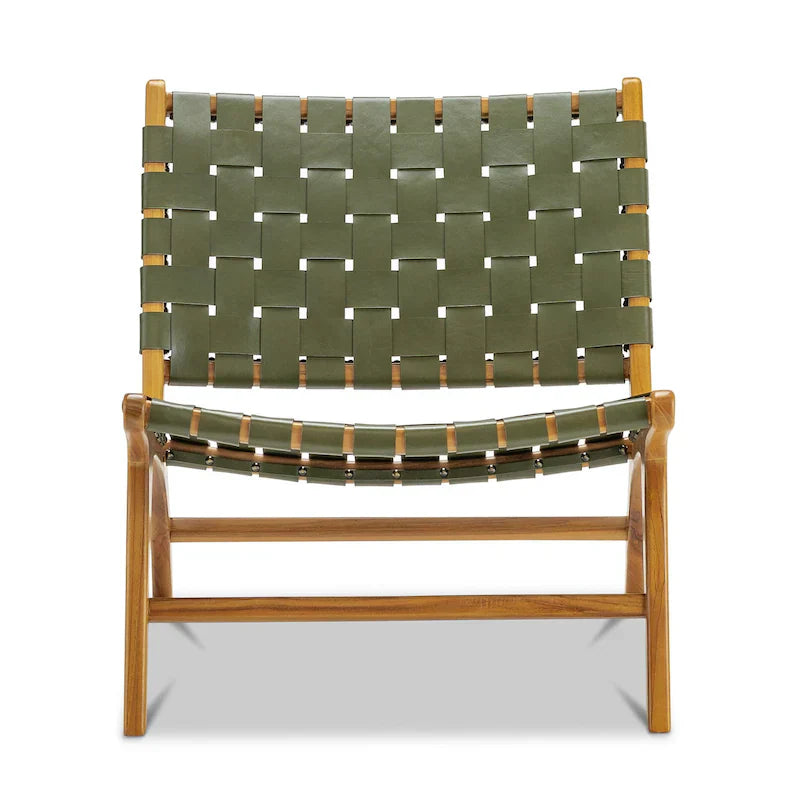 Olive Green Leather Lounge Chair Front View Moroccan - LuxoraCraft