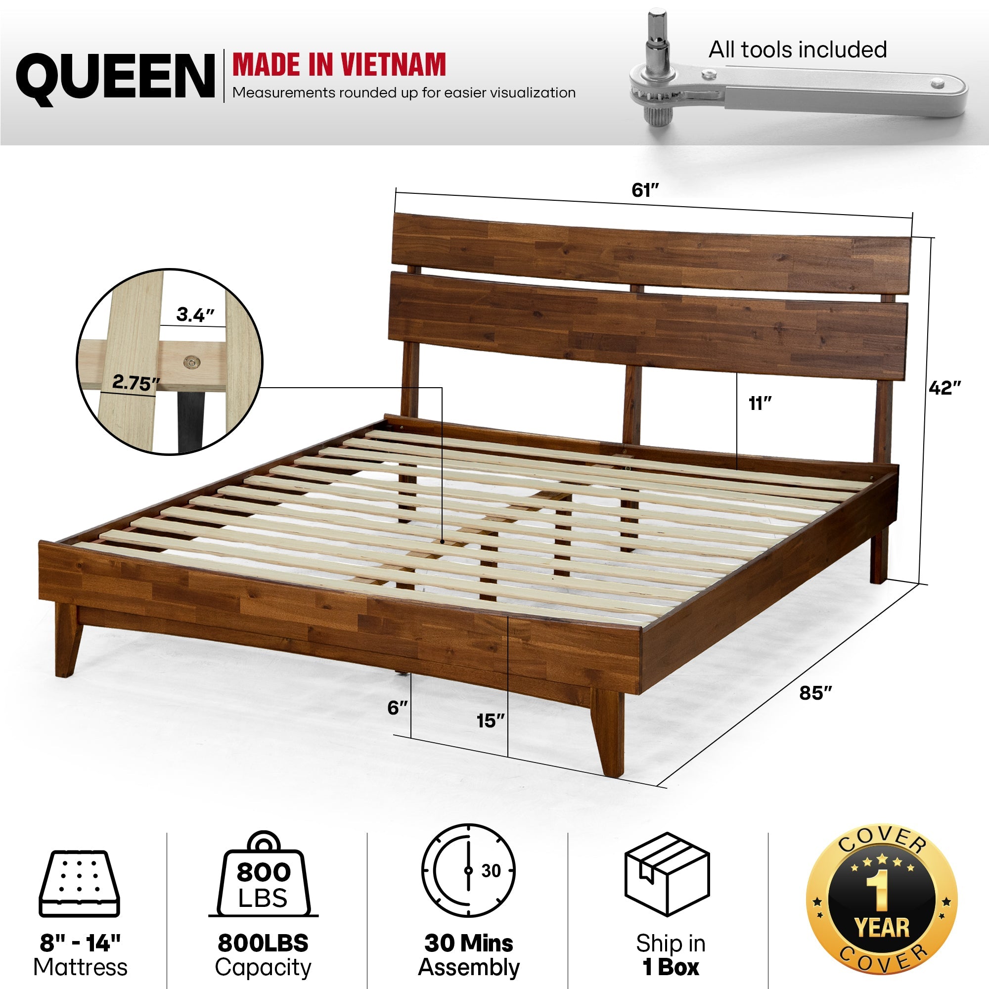 Aurora Solid Wood Bed Frame Megsu