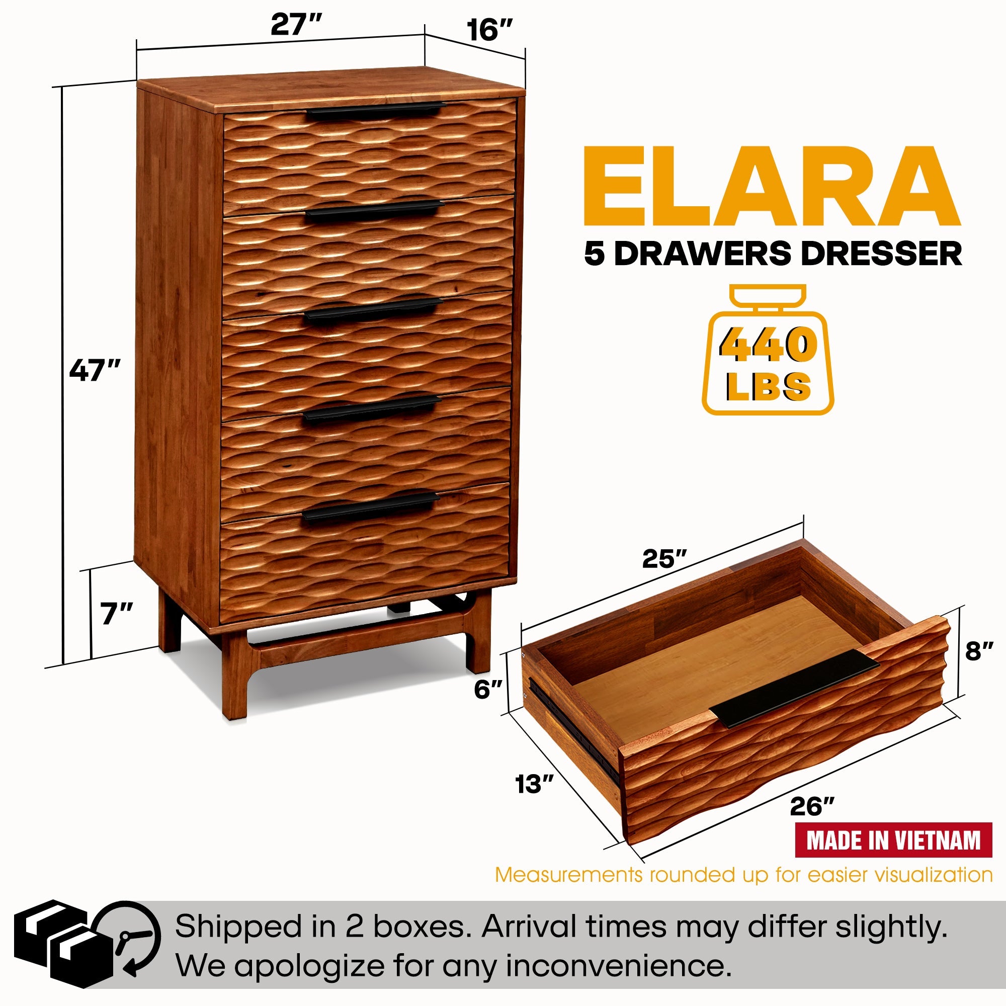 Elara Solid Wood Dresser with 5 Drawers Megsu