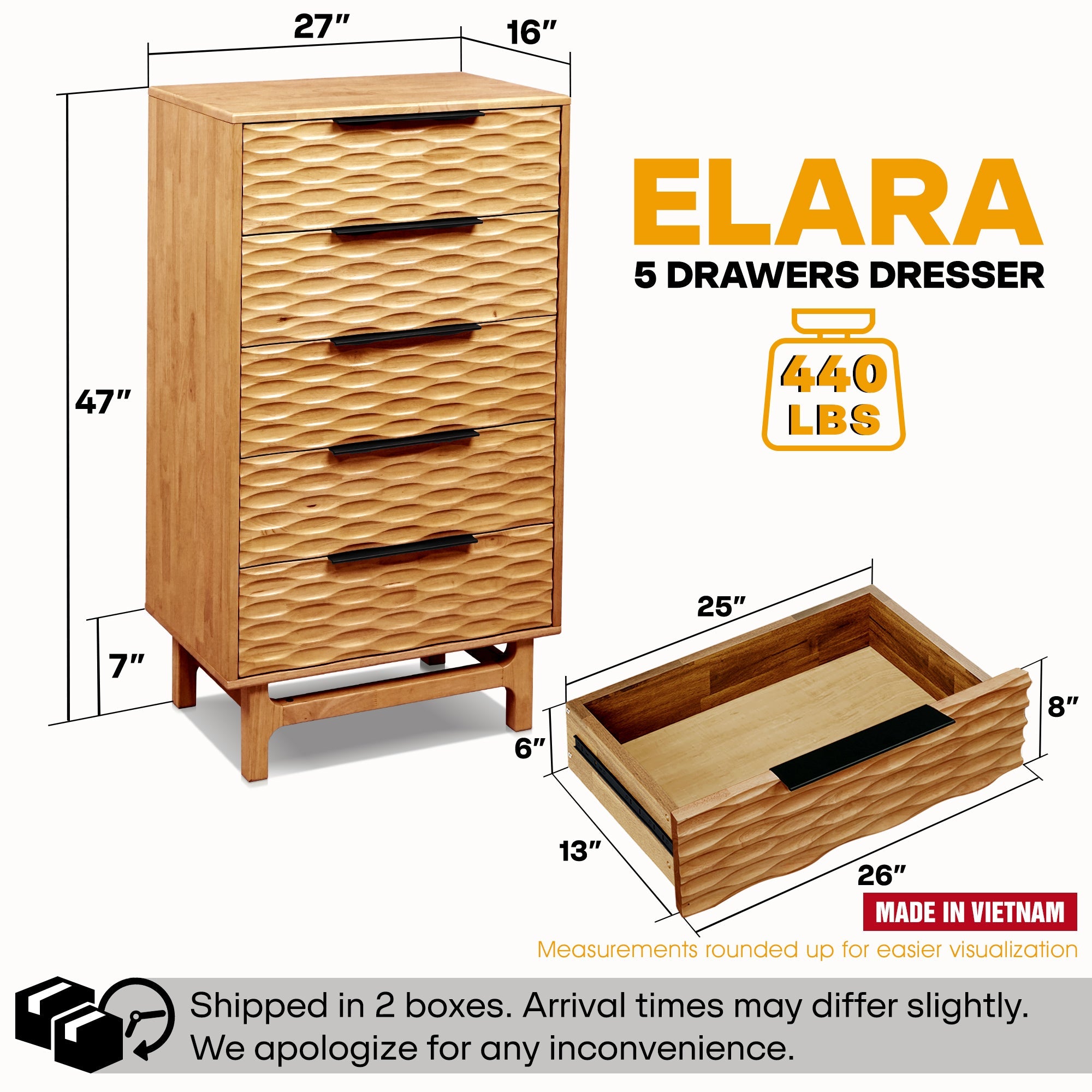 Elara Solid Wood Dresser with 5 Drawers Megsu