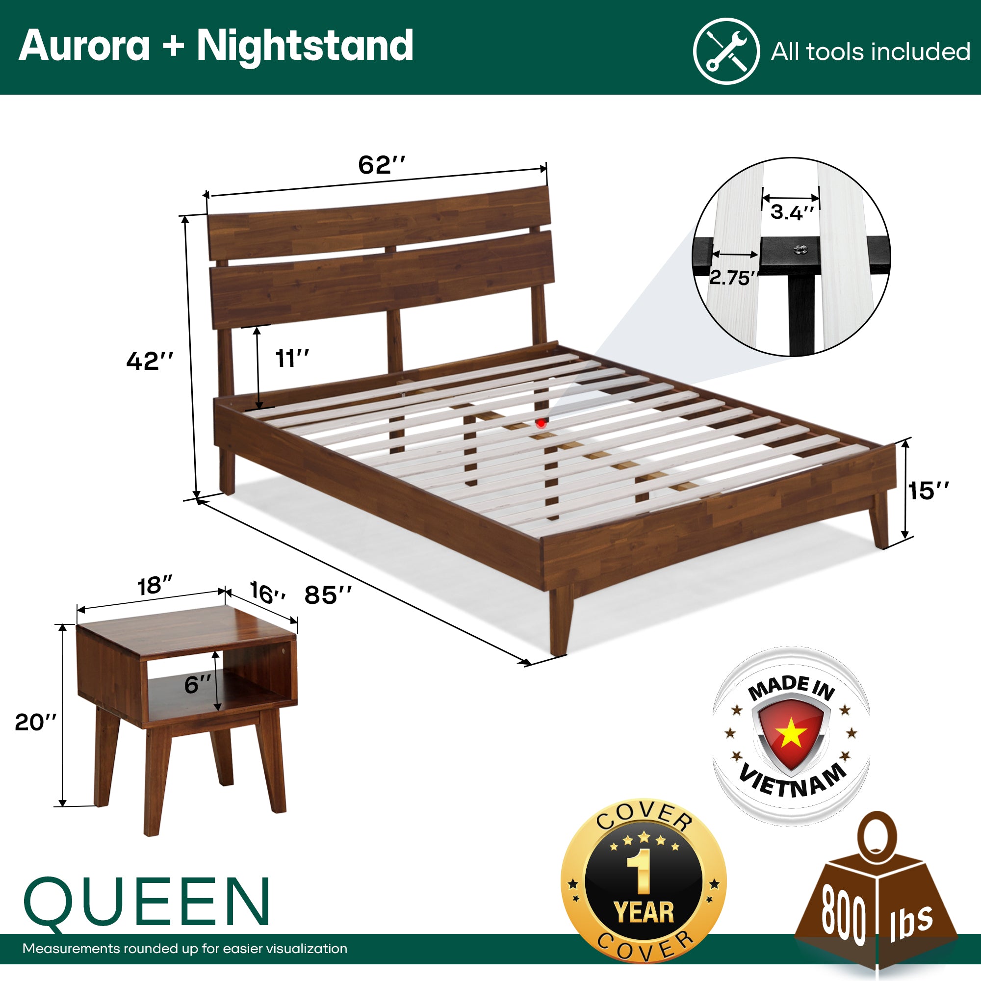 Aurora Solid Wood Bed Frame Megsu