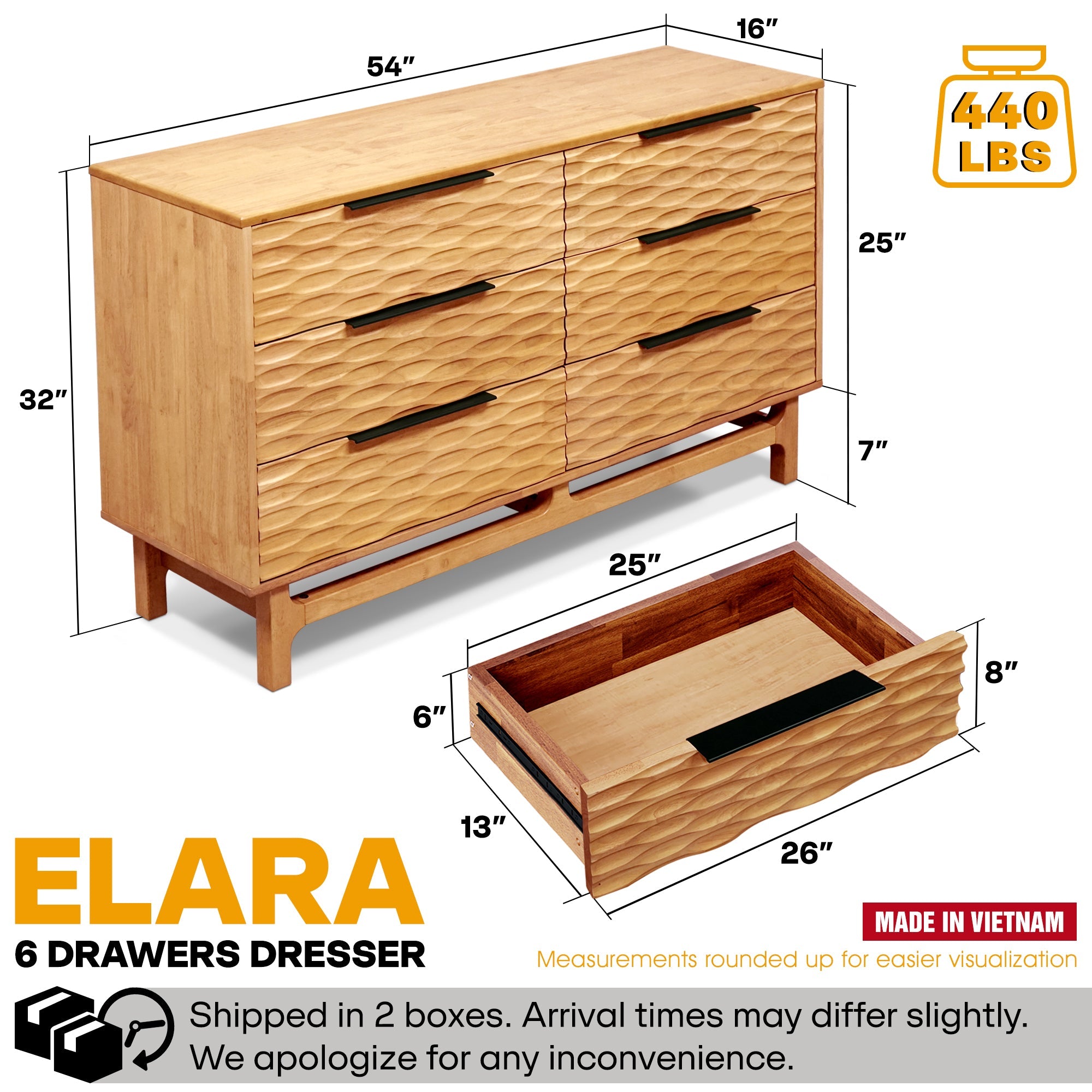 Elara Solid Wood Dresser with 6 Drawers Megsu