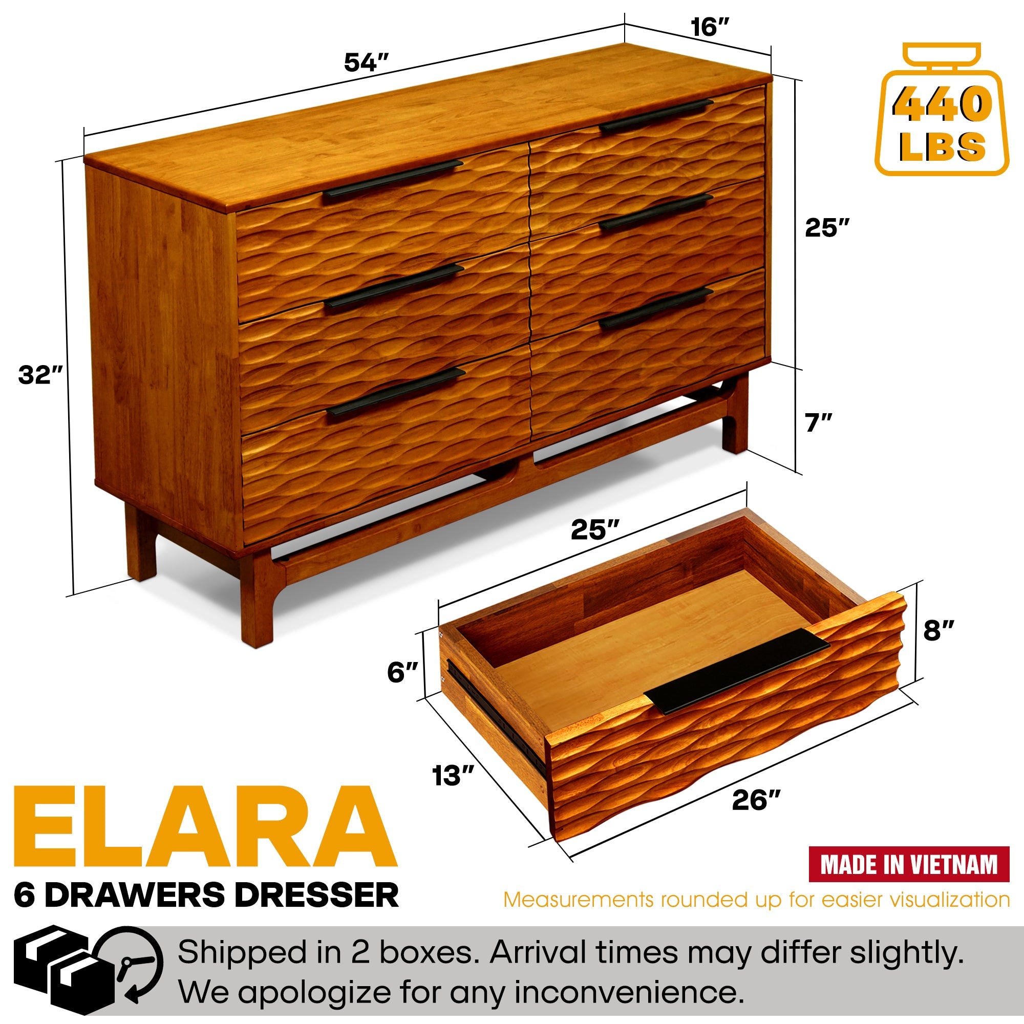Elara Solid Wood Dresser with 6 Drawers Megsu