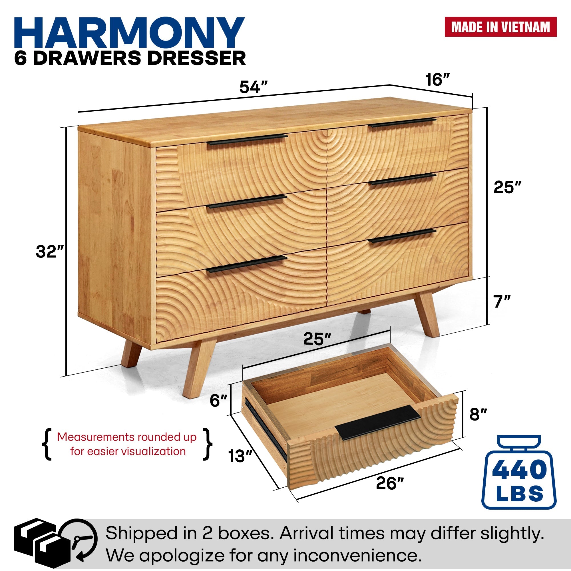 Harmony Solid Wood Dresser with 6 Drawers Megsu