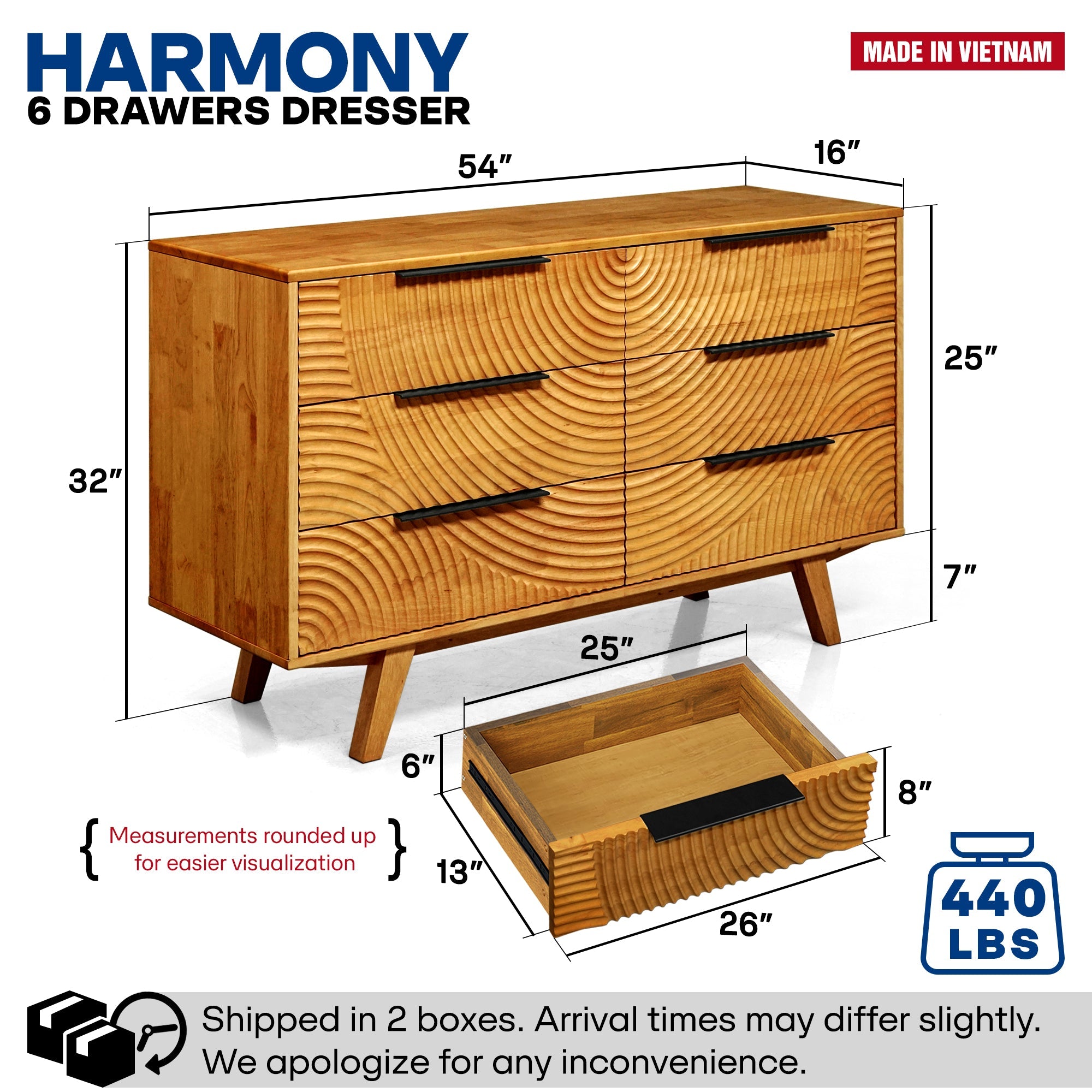 Harmony Solid Wood Dresser with 6 Drawers Megsu