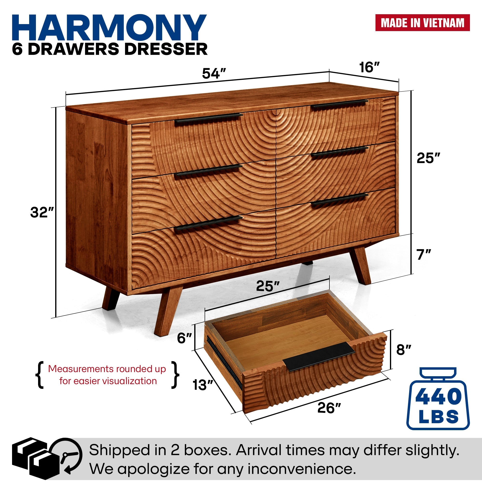 Harmony Solid Wood Dresser with 6 Drawers Megsu